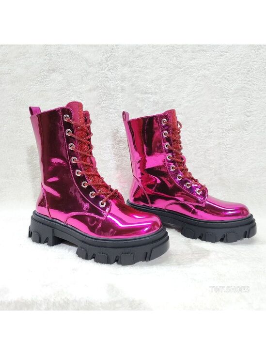 Cape Robbin Shoes - Size 6 Rowan Metallic Pink Combat Ankle Boots Rhinestone Tongue and Rope Lace